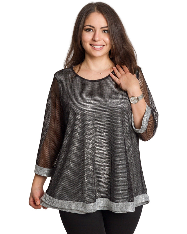 Празнична сива туника с блестящ ефект и мрежести ръкави