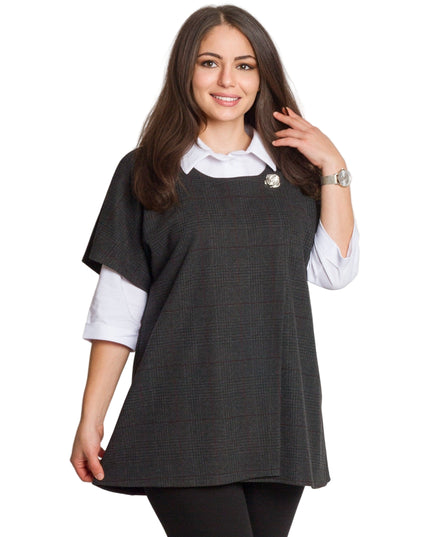 Официален комплект от риза и вълнен елек в тъмно сиво каре