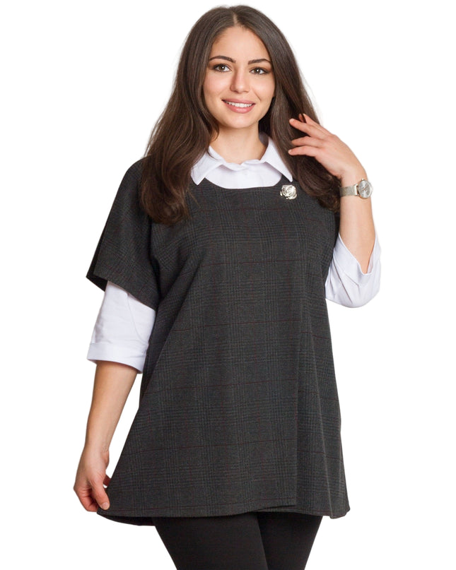 Официален комплект от риза и вълнен елек в тъмно сиво каре