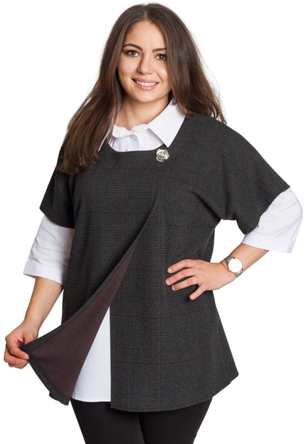 Официален комплект от риза и вълнен елек в тъмно сиво каре