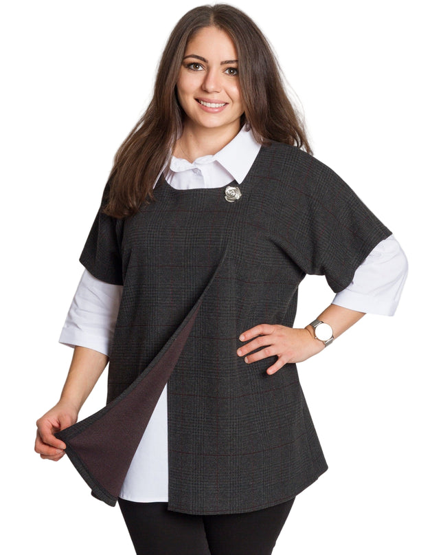 Официален комплект от риза и вълнен елек в тъмно сиво каре