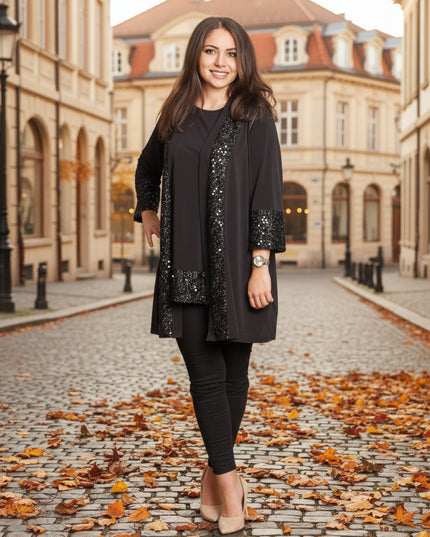 Елегантен черен комплект от туника и елек с пайети