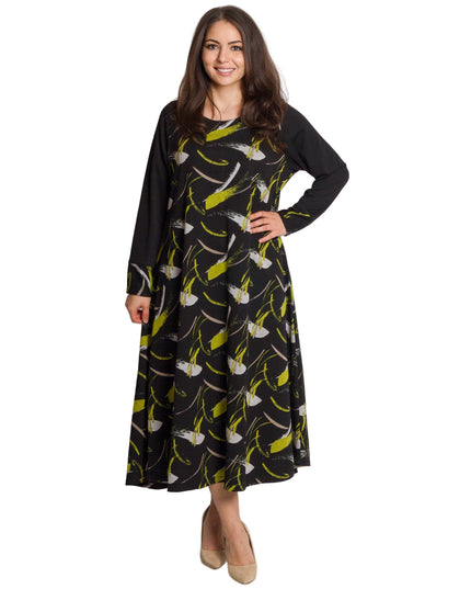 Черна разкроена рокля с дълъг ръкав в големи размери