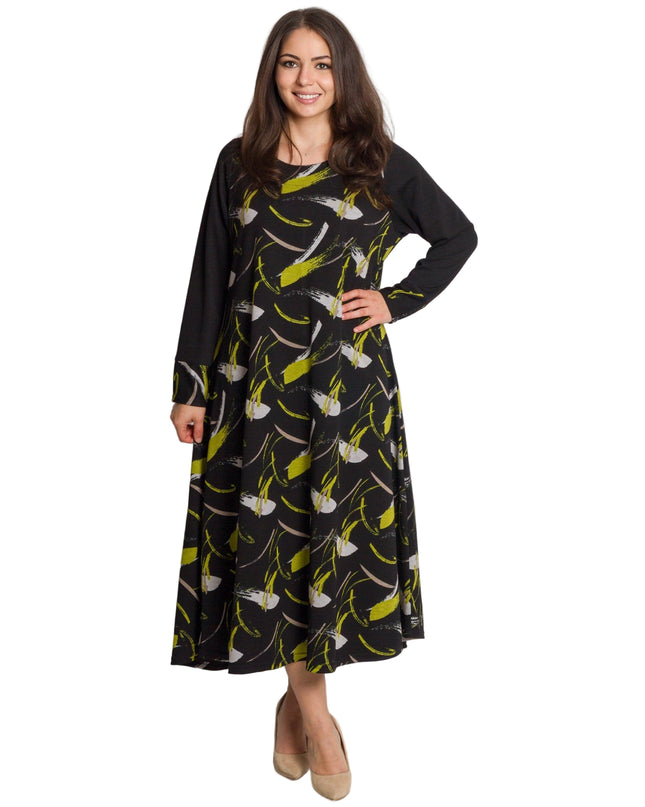 Черна разкроена рокля с дълъг ръкав в големи размери