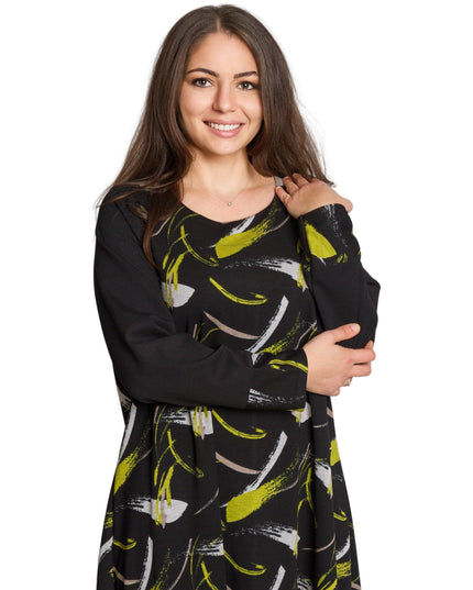 Черна разкроена рокля с дълъг ръкав в големи размери