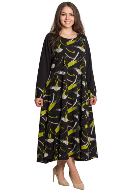 Черна разкроена рокля с дълъг ръкав в големи размери