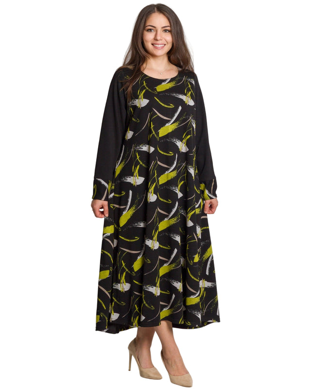 Черна разкроена рокля с дълъг ръкав в големи размери