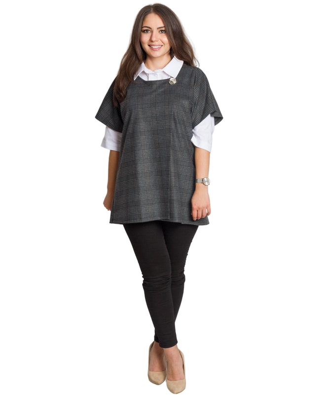 Официален макси комплект от риза и елек в сиво каре