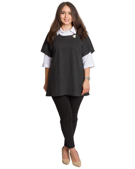 Официален комплект от риза и вълнен елек в тъмно сиво каре