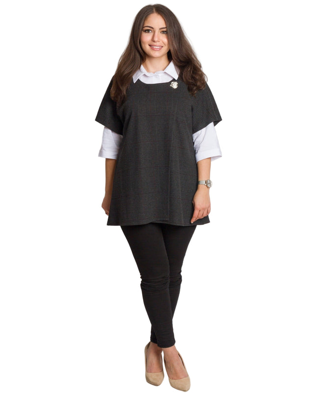 Официален комплект от риза и вълнен елек в тъмно сиво каре