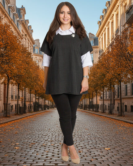 Официален комплект от риза и вълнен елек в тъмно сиво каре