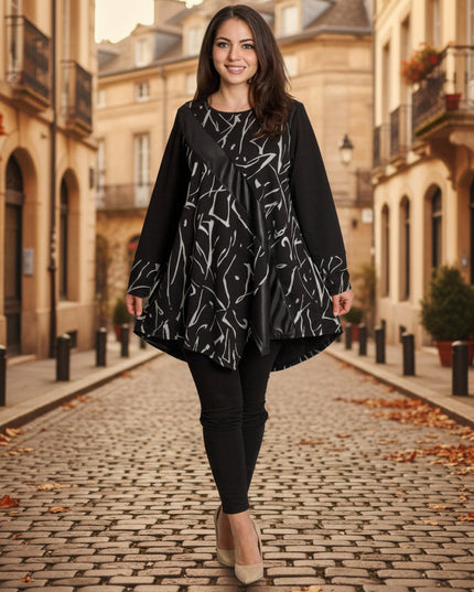 Черна туника със свободна кройка и акцент от еко кожа