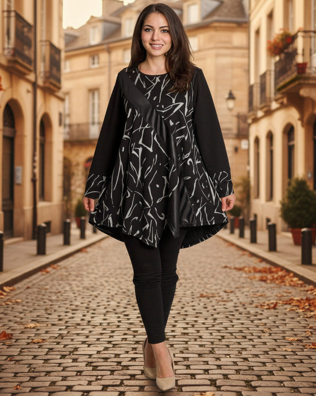 Черна туника със свободна кройка и акцент от еко кожа