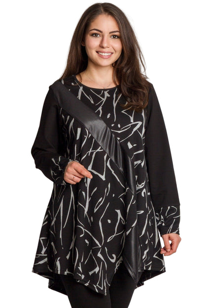 Черна туника със свободна кройка и акцент от еко кожа