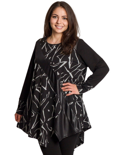 Черна туника със свободна кройка и акцент от еко кожа