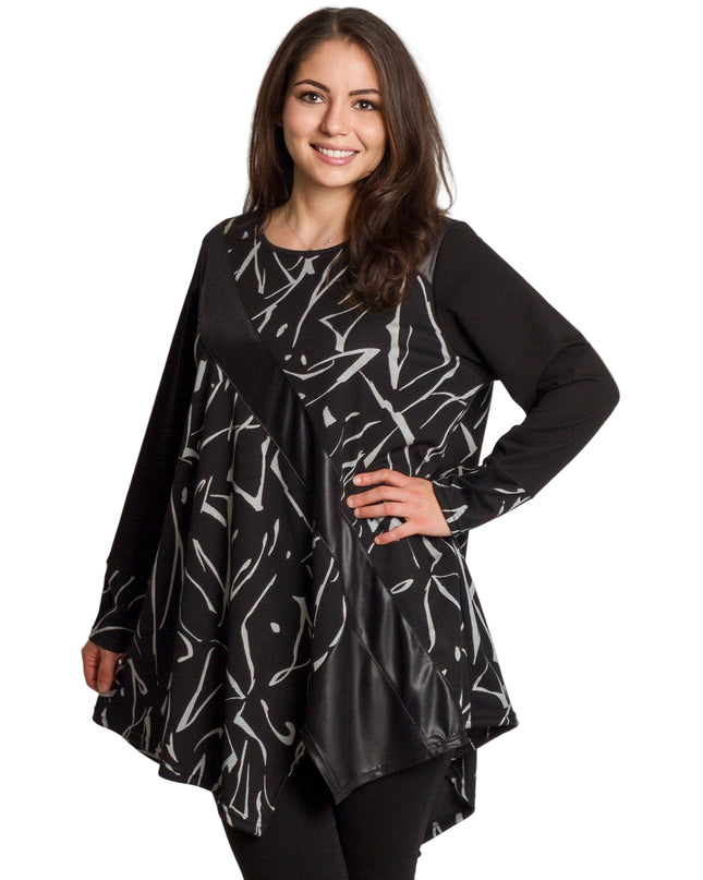 Черна туника със свободна кройка и акцент от еко кожа