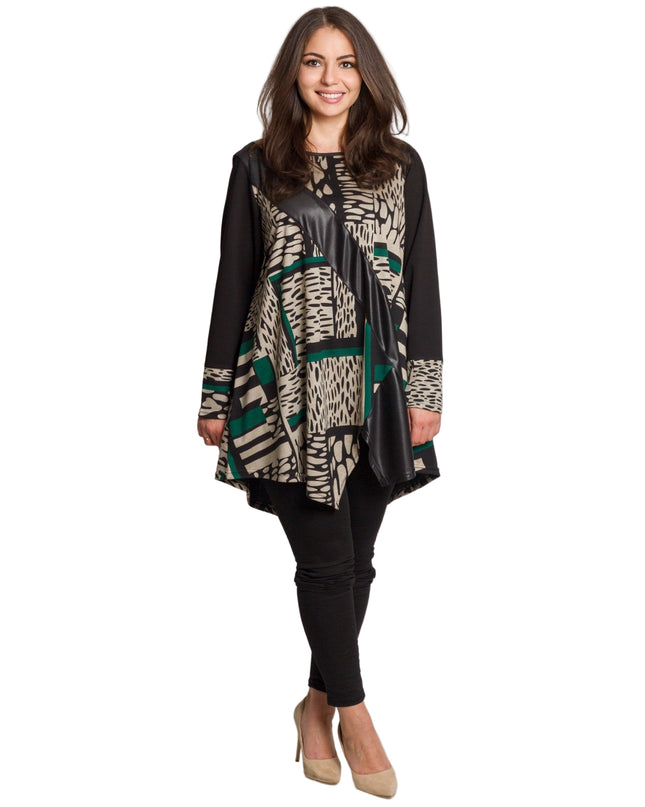 Туника с абстрактен принт с декоративна лента от еко кожа