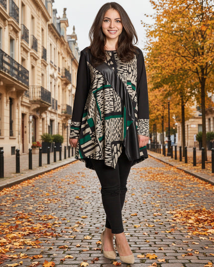 Туника с абстрактен принт с декоративна лента от еко кожа