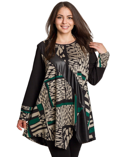 Туника с абстрактен принт с декоративна лента от еко кожа