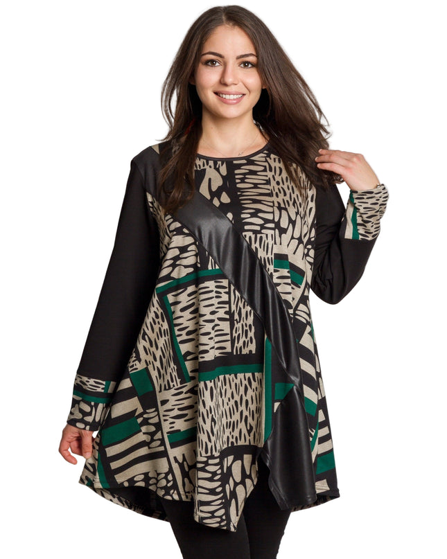 Туника с абстрактен принт с декоративна лента от еко кожа