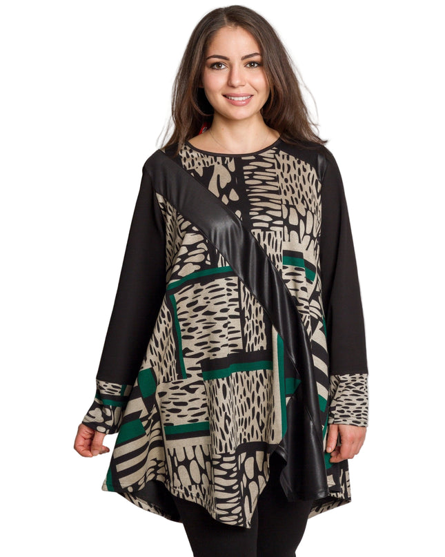 Туника с абстрактен принт с декоративна лента от еко кожа