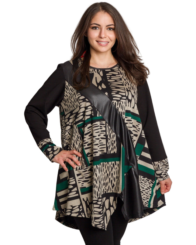 Туника с абстрактен принт с декоративна лента от еко кожа