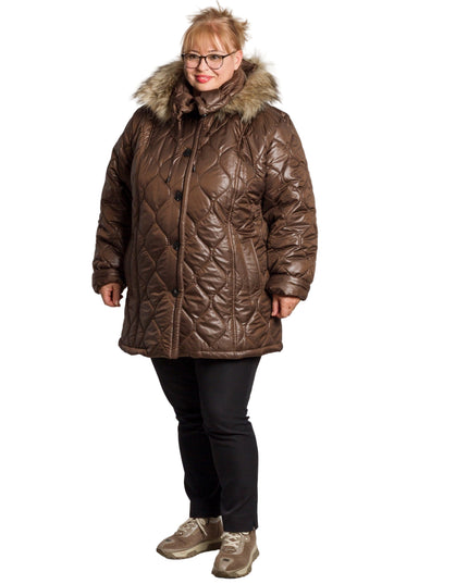 Кафяво дамско яке в големи размери с пухена качулка