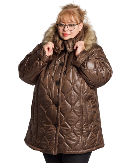 Кафяво дамско яке в големи размери с пухена качулка