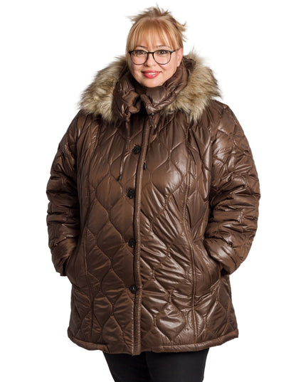 Кафяво дамско яке в големи размери с пухена качулка
