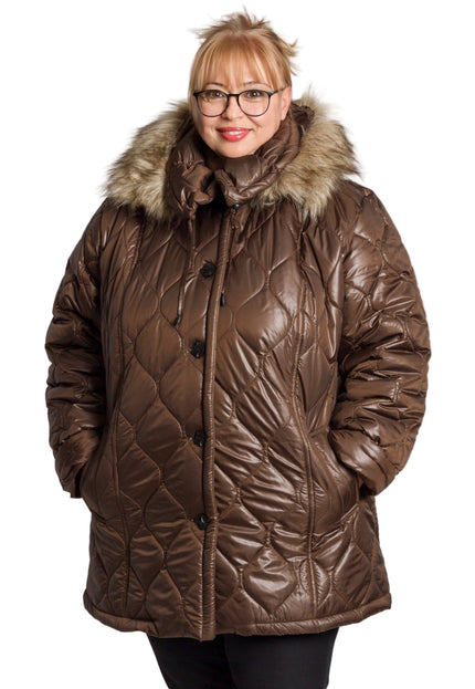 Кафяво дамско яке в големи размери с пухена качулка