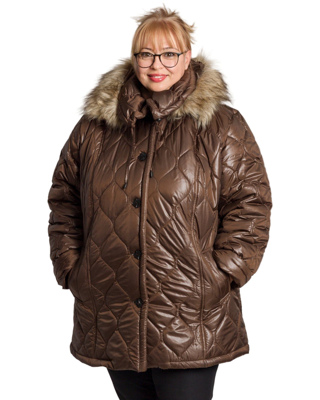 Кафяво дамско яке в големи размери с пухена качулка