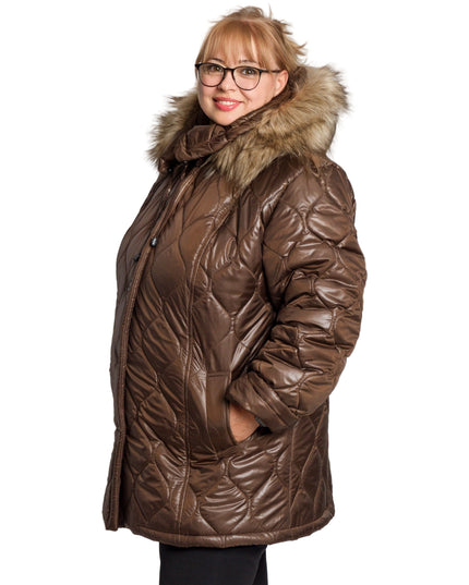 Кафяво дамско яке в големи размери с пухена качулка