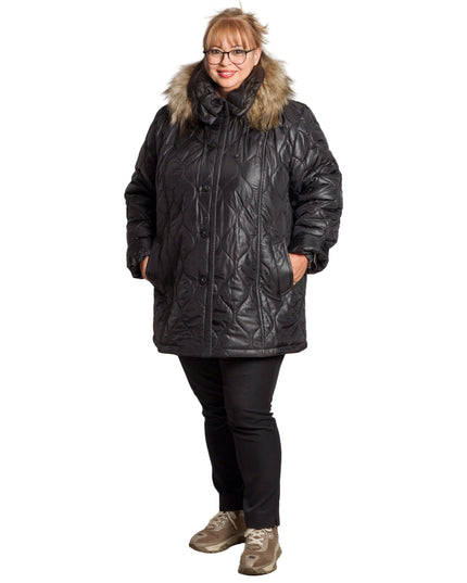 Дамско черно яке с геометричен десен в големи размери