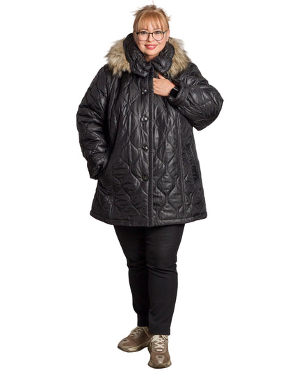 Дамско черно яке с геометричен десен в големи размери