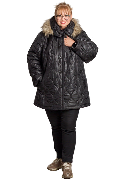 Дамско черно яке с геометричен десен в големи размери