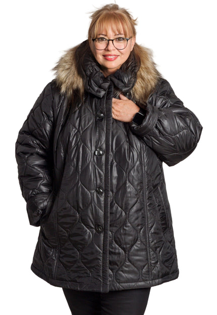 Черно дамско яке в големи размери с пухена качулка