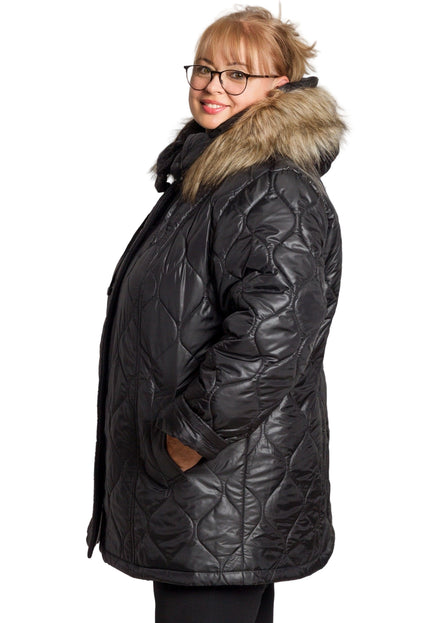 Черно дамско яке в големи размери с пухена качулка