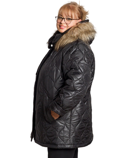 Дамско черно яке с геометричен десен в големи размери