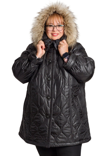Черно дамско яке в големи размери с пухена качулка