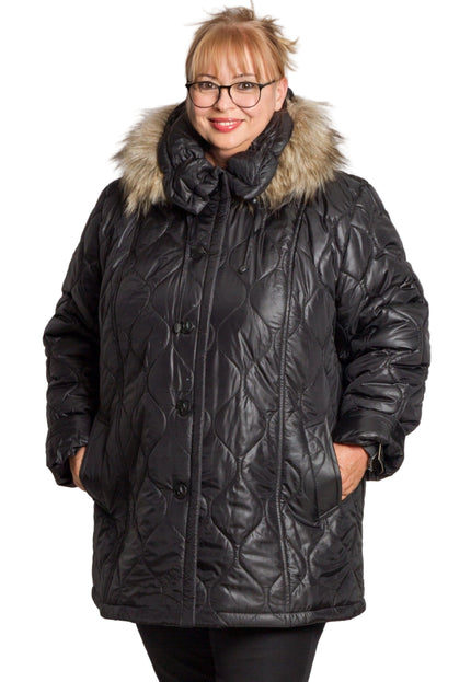 Дамско черно яке с геометричен десен в големи размери