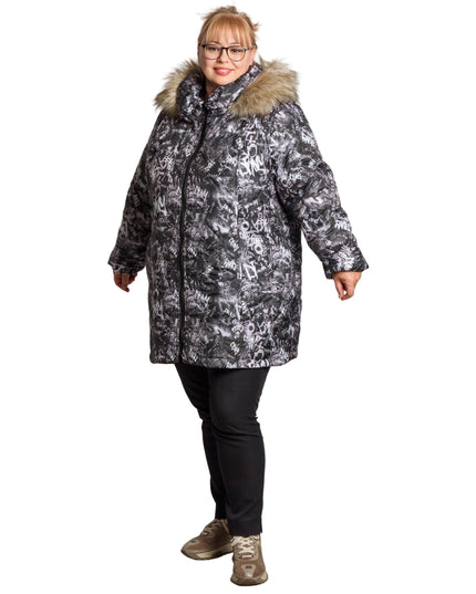 Дамско яке в големи размери с графити десен и качулка