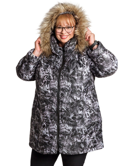 Дамско яке в големи размери с графити десен и качулка