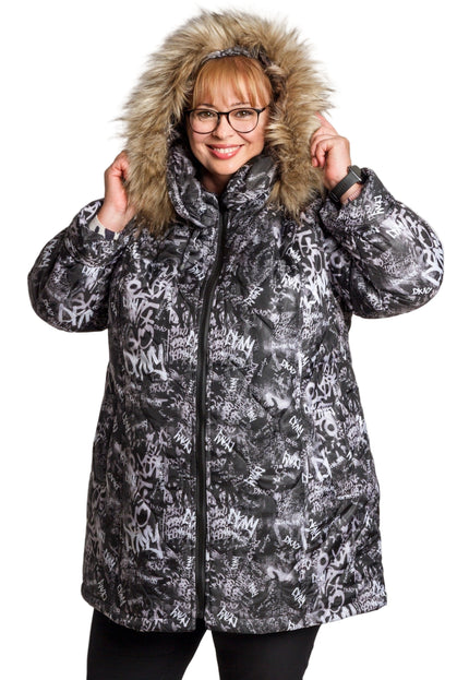 Дамско яке в големи размери с графити десен и качулка