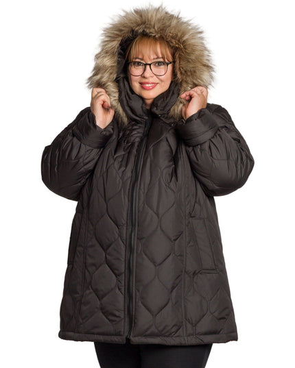 Разкроено черно яке в големи размери с пухена качулка