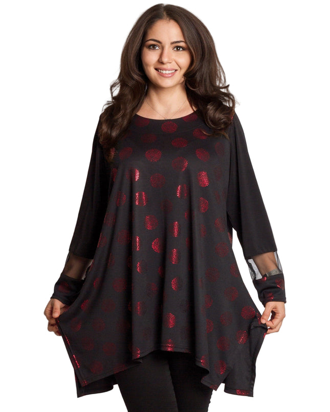 Елегантна разкроена туника с червени лъскави точки