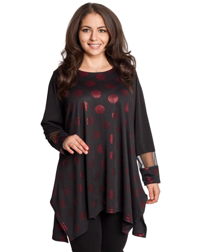 Елегантна разкроена туника с червени лъскави точки