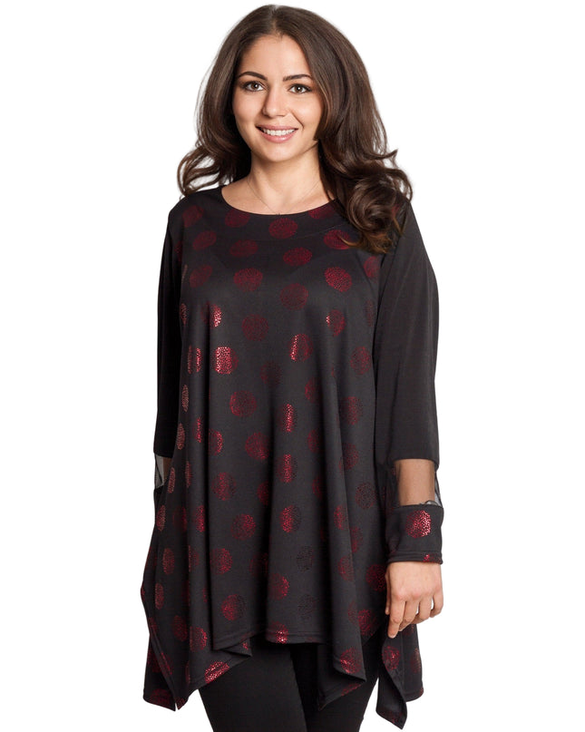 Елегантна разкроена туника с червени лъскави точки