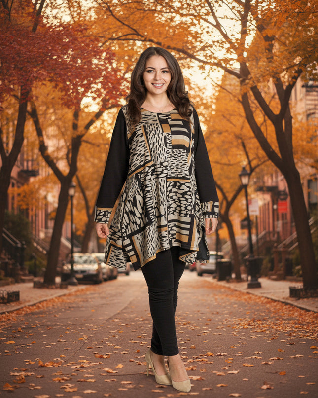 Туника в черно и охра с геометричен принт и разкроена кройка