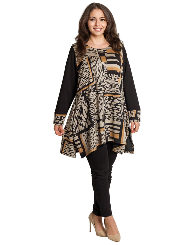 Туника в черно и охра с геометричен принт и разкроена кройка