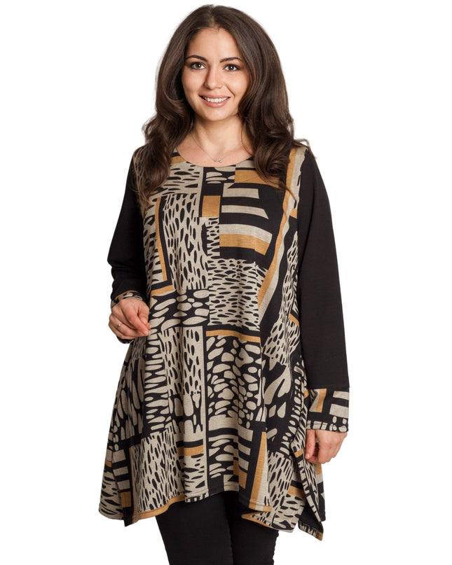 Туника в черно и охра с геометричен принт и разкроена кройка